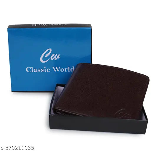 Brown faux leather Classic World wallet, trending design with 5 card slots, coin pocket, and 2 currency compartments (one zip-locked). Ideal gift for men, suitable for daily use