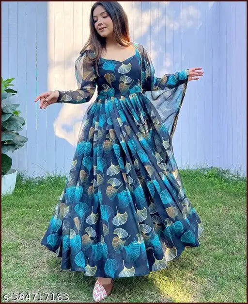 Georgette printed net short-sleeved women's gown, elegant and formal Indian fashion with fitted bodice