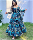 Georgette printed net short-sleeved women's gown, elegant and formal Indian fashion with fitted bodice