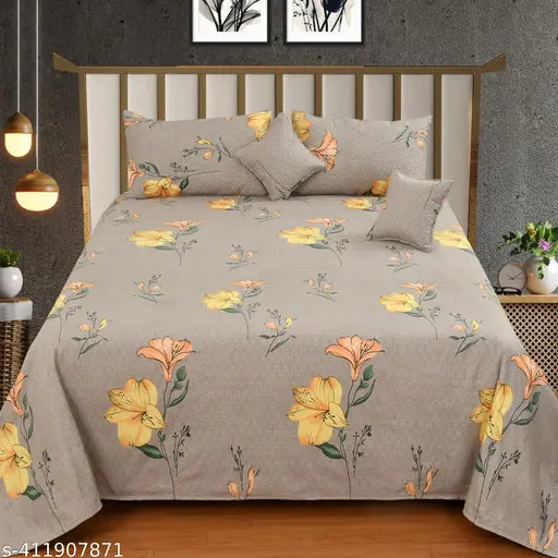 Geometric cotton king-size bedsheet set with 2 pillow covers & 2 cushion fillers, ideal for summer. Superfine quality flat sheets by Chand Home furnishing in attractive book fold packaging. Made in India