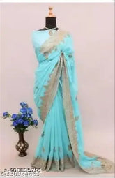 Embroidered Georgette saree with Bangalori silk blouse, single exotic Indian ethnic wear in solid net pattern