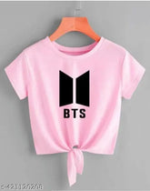 Pink Lycra crop top & t-shirt with BTS print for women, short sleeves