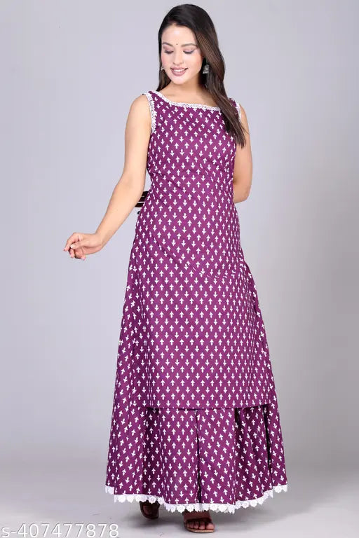 Women's cotton silk kurti skirt set, sleeveless, printed net design, single size available