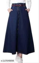 Blue denim button-up long skirt, solid pattern, women's wear, size 26/28/30/36/38/40/42 (waist 26-42in, length 34in), made in India