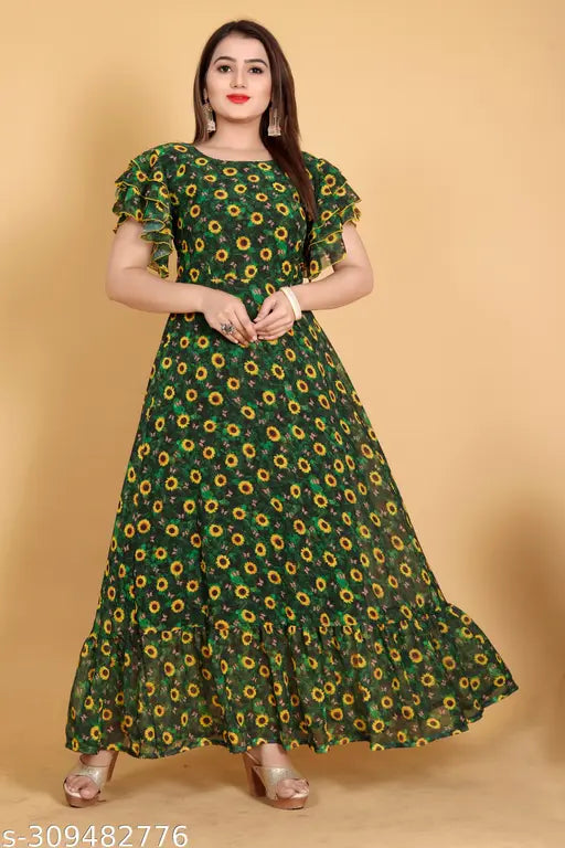 Women's long kurti with digital sunflower print, full-flared Georgette fabric, short sleeves, and yellow thread detailing
