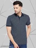 Navy blue cotton blend half sleeve polo neck Wild West print men's t-shirt, stylish checked design for summer