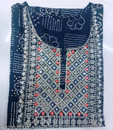 Bandhni Print Viscose Rayon Kurti, Three-Quarter Sleeve, round neck, mirror work yoke on neck, women's clothing, Indian origin