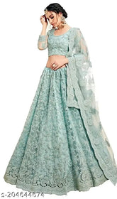 Star Colors embroidered net lehenga-choli with zari work, semi-stitched Indian bridal wear on display