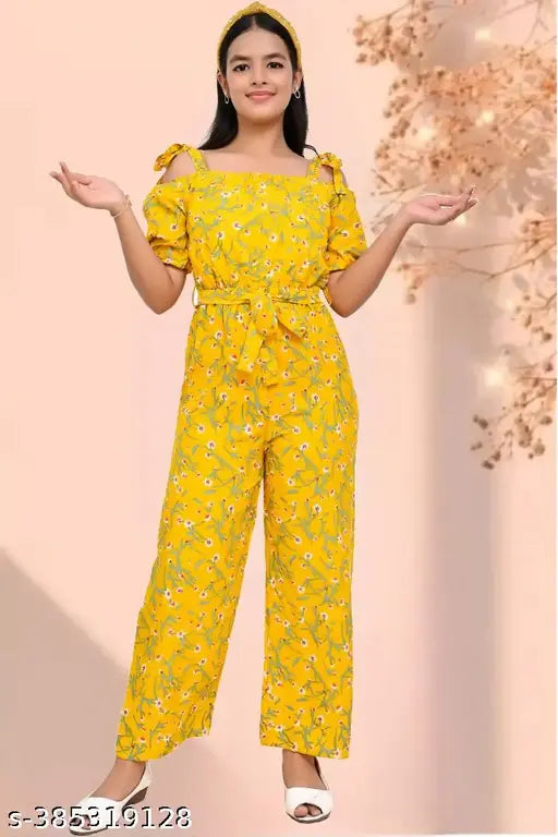 Red crepe printed flower dresses & jumpsuits set for girls party wear, ages 8-13 years, India origin