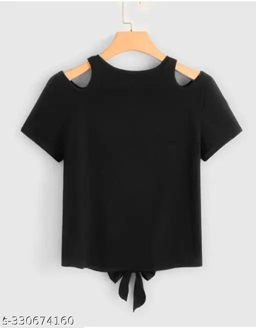 Black Lycra crop top with shoulder cut and queen printed design, short sleeves, size M (bust 34in, length 19in)