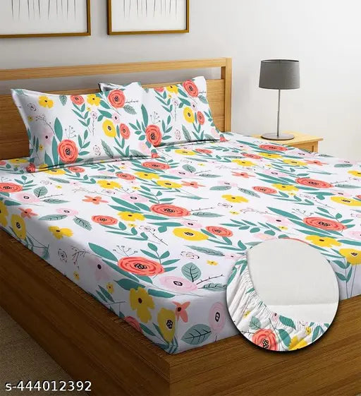 Multi-colored, elastic fitted king size cotton linen bedsheet with 2 pillow covers, ideal for summer. Breathable, wrinkle-free, easy to tuck-in even on heavy mattresses