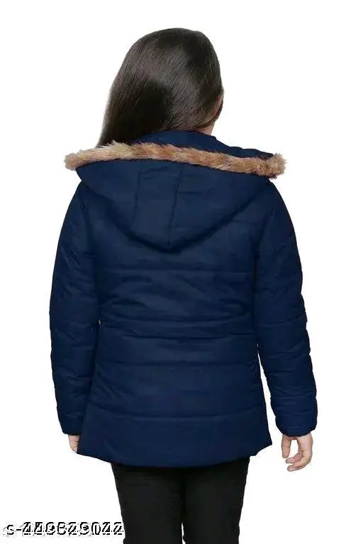 Navy blue nylon long sleeve girls jacket, solid design for winter wear, suitable for 18-24 months to 4-5 years old, Made in India