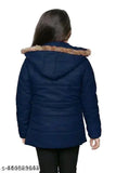 Navy blue nylon long sleeve girls jacket, solid design for winter wear, suitable for 18-24 months to 4-5 years old, Made in India
