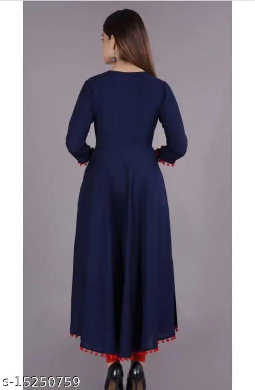 Rayon Anarkali Kurti with embroidery, 3/4 sleeves, flared hem, and pom-poms. Indian-made party wear for women in XXXL size (Bust: 48 in, Length: 46 in)