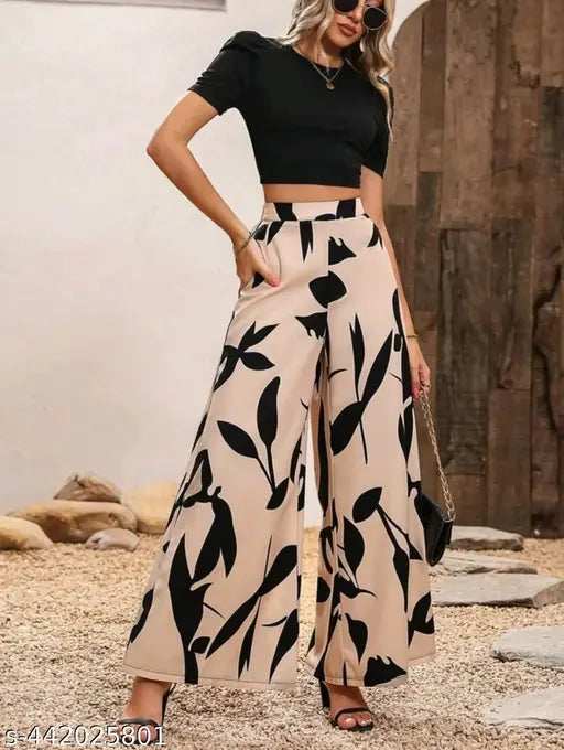 Printed net polyester high-waist wide leg co-ord set for women's spring and fall fashion, floral design on short sleeves