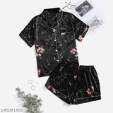 Elegant satin women's nightsuit set, printed net design, available in M, L, XL, XXL for a stylish addition to summer, winter, or monsoon evenings or bridal parties. Indian-made