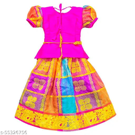 Traditional cotton silk LEHENGA CHOLI in Madhura Pattu Pavadai, applique stitch and short sleeves, size 6-7 years