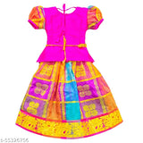 Traditional cotton silk LEHENGA CHOLI in Madhura Pattu Pavadai, applique stitch and short sleeves, size 6-7 years
