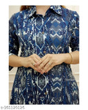 Blue cotton Anarkali gown with floral print, three-quarter sleeves and pants bottom, perfect for casual wear