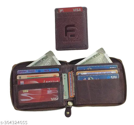 High-quality brown leather bifold wallet, RFID protected, holds 12 cards, cash slot. Premium design with zipped pocket and multiple compartments. Made of top grain leather, origin India