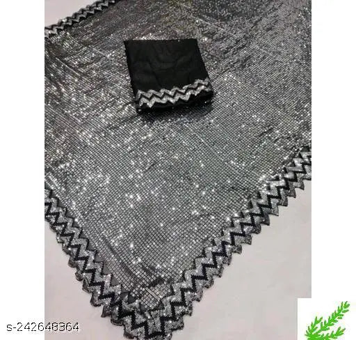 Georgette saree with sequence work, fancy cut border. Embroidered Georgette saree and art silk blouse, new free size (L5.5m/B0.8m), Indian-made