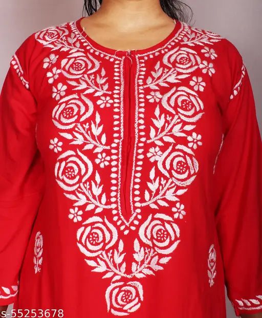 Rayon Chikankari women's kurti set with palazzos, intricately embroidered in India, ideal for office and college wear