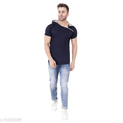 Blue cotton blend short sleeves hood t-shirt by Tfurnish, solid pattern