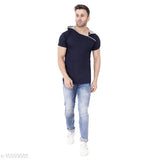 Blue cotton blend short sleeves hood t-shirt by Tfurnish, solid pattern