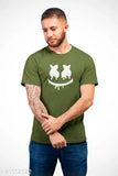Olive green half round neck tee for men, classic cotton jersey with printed pattern, short sleeves, size M (40 in chest, 27 in length)