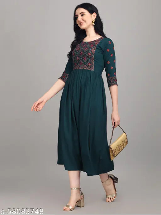 Blue rayon kurti, three-quarter sleeves, embroidered pattern. Laxmi blue kurtis, Indian traditional clothing