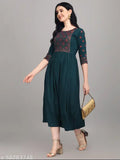 Blue rayon kurti, three-quarter sleeves, embroidered pattern. Laxmi blue kurtis, Indian traditional clothing