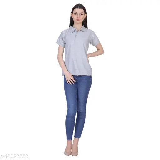 Grey cotton blend poloneck t-shirt for women, short sleeves, solid design, size S (bust 36in, length 24in), made in India