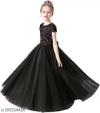 Indian-made sequin long sleeve flower girl dress, embroidered net fabric with shining stars, fits 5-12 years old