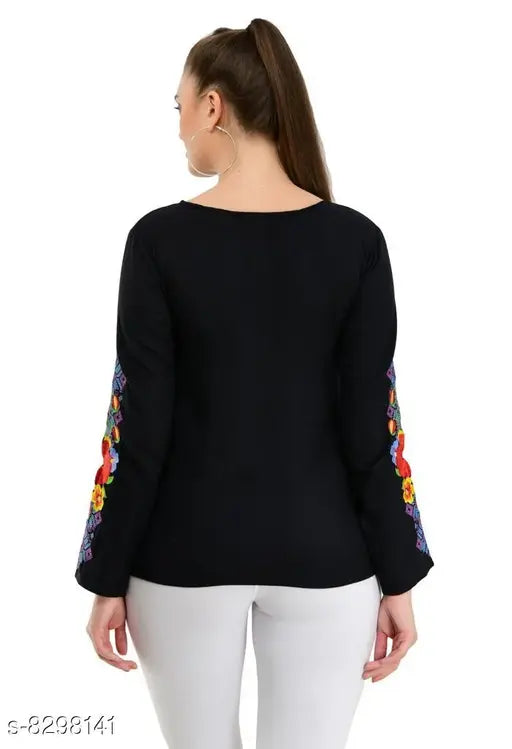 Rayon black embroidered top, long sleeves, Taaraa women's fashion on hanger