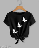 Black knot crop top & t-shirt for women, three butterflies printed on lycra sleeveless shirt