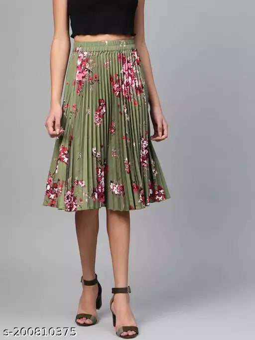 Green striped floral printed pleated crepe skirt for women, perfect for casual-chic ensembles