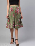 Green striped floral printed pleated crepe skirt for women, perfect for casual-chic ensembles