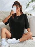 Black cotton blend oversize women's t-shirt, solid pattern, three-quarter sleeves, trendy and comfortable fashion