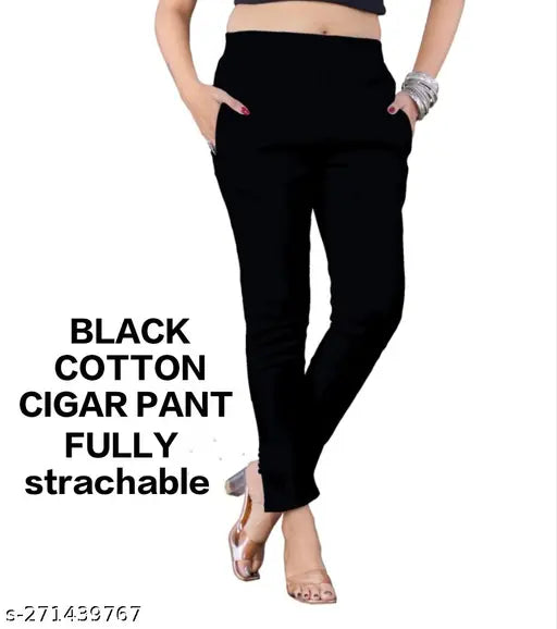 Black cotton lycra trousers, solid-patterned Cigar pant for women, pack of two, Indian origin