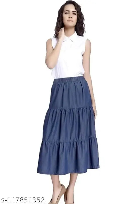 Blue denim women's frilled skirt, casual western style jeans skirt on model, high-quality triple layered design, ideal for winter or summer, flattering length of 34 inches