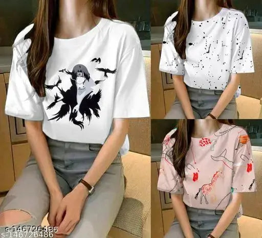 Lycra oversize t-shirt pack of 3 for women, printed net pattern in three-quarter sleeves. Sizes: S (36in bust, 26in length), M (38in bust, 26in length), L (40in bust, 26in length), XL (42in bust, 26in length). Quality fabric with 10-year lifespan. Machine washable