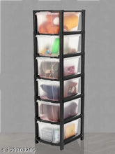 Black plastic drawer organizer system for kids storage, holds toys, books, socks, shoes etc, 6 layers