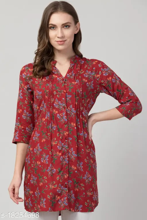 Maroon rayon floral tunic for women with pleats and attached belts, maroon color