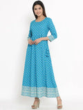 Blue printed rayon Anarkali Kurta with three-quarter sleeves on mannequin