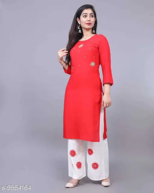 Rayon A-line self-design long kurti with palazzos, vibrant Indian traditional outfit for women
