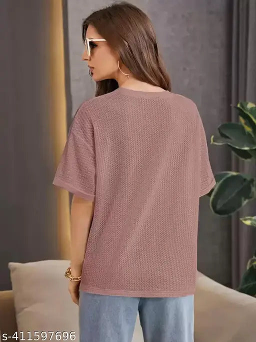 Dusty pink cotton blend oversize graphic print women's top, short sleeves, versatile casualwear