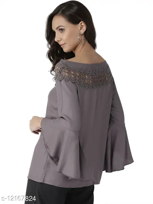 Charcoal grey solid viscose rayon top, three-quarter sleeves, Style Quotient Women's fashion on hanger