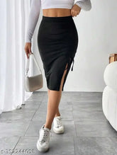 Black cotton blend pencil skirt for women, high waist, knee length, skinny fit, asymmetrical design with split thigh and drawstring detail. Size: 26 (waist 26in, hip 30in), 28 (waist 28in, hip 32in), 30 (waist 30in, hip 34in), 32 (waist 32in, hip 36in). Made in India