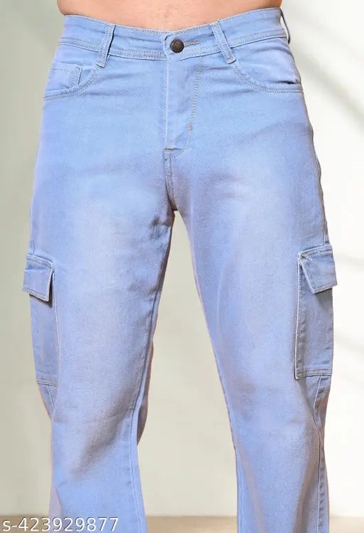 Sky Blue Denim Linaria Jogger Fit Pocket Jeans - Pre-shrunk, plush feel, contrast thread, trendy design, baggy fit, solid pattern