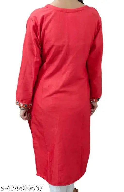 Sky Red Wool Floral 3/4 Sleeve Kurti, Ayeshan Creation Women's Daily Wear - Indian Elegant Winter Fashion